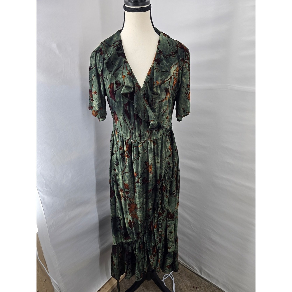 Disturbia Green Moss Devore Velvet Ruffle Midi Dress Gothic US 4 UK 8
